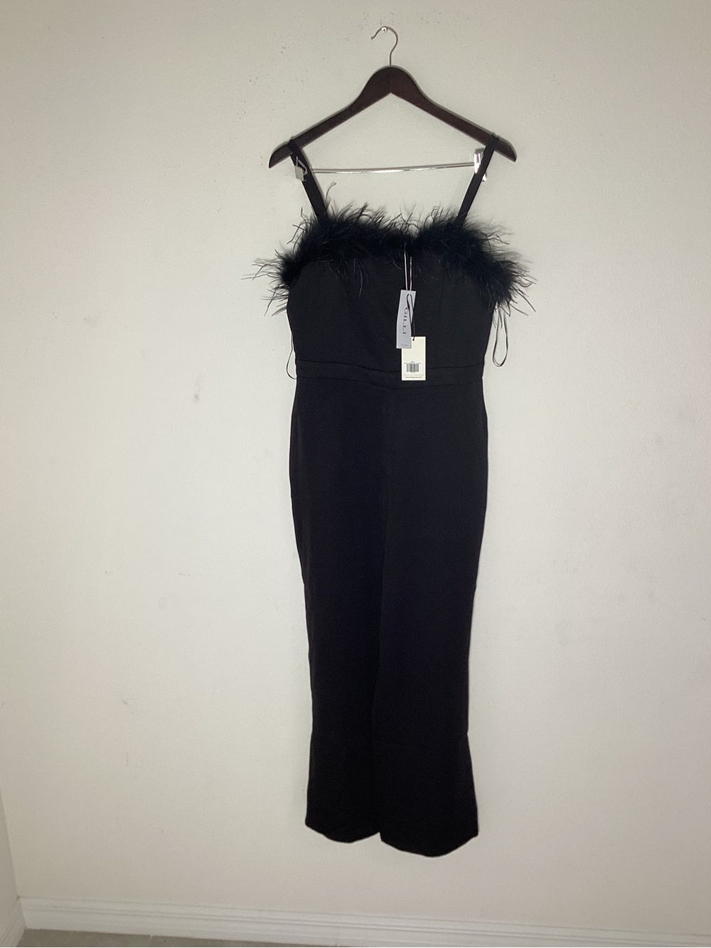 Gilli Helene Feather Trim Jumpsuit Black Medium NWT Wide Leg